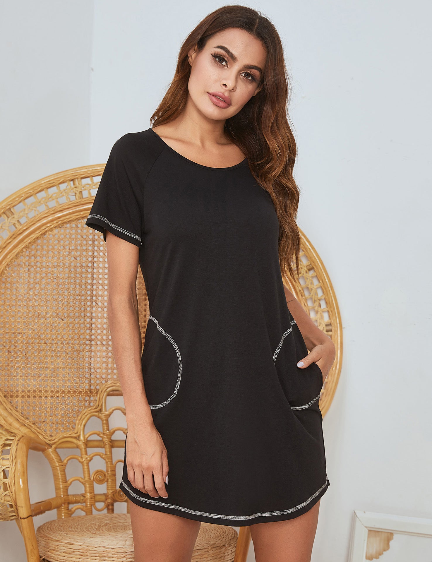 Home Casual Round Neck Loose Pockets Nightdress For Women
