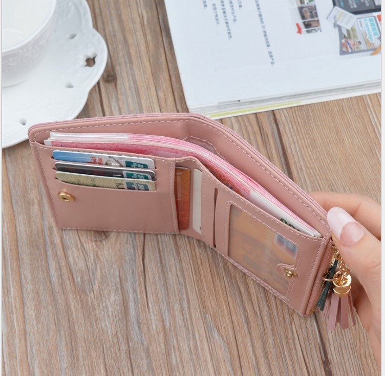Stitching contrast color short wallet fringe zipper multi-card position purse