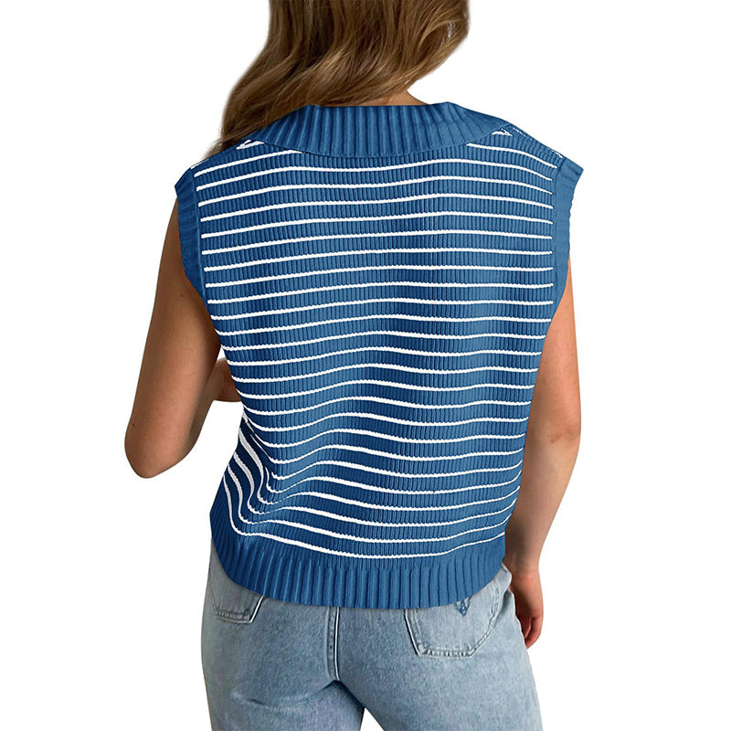 Women's V Neck Cap Sleeve Sweater Vest Sleeveless Collared Striped Knit Tank Tops
