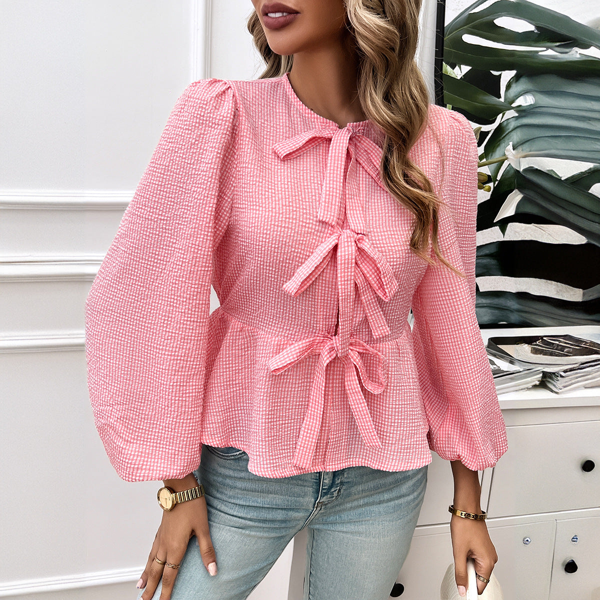 Elegant Design Contrast Color Tied Long Sleeves Shirt