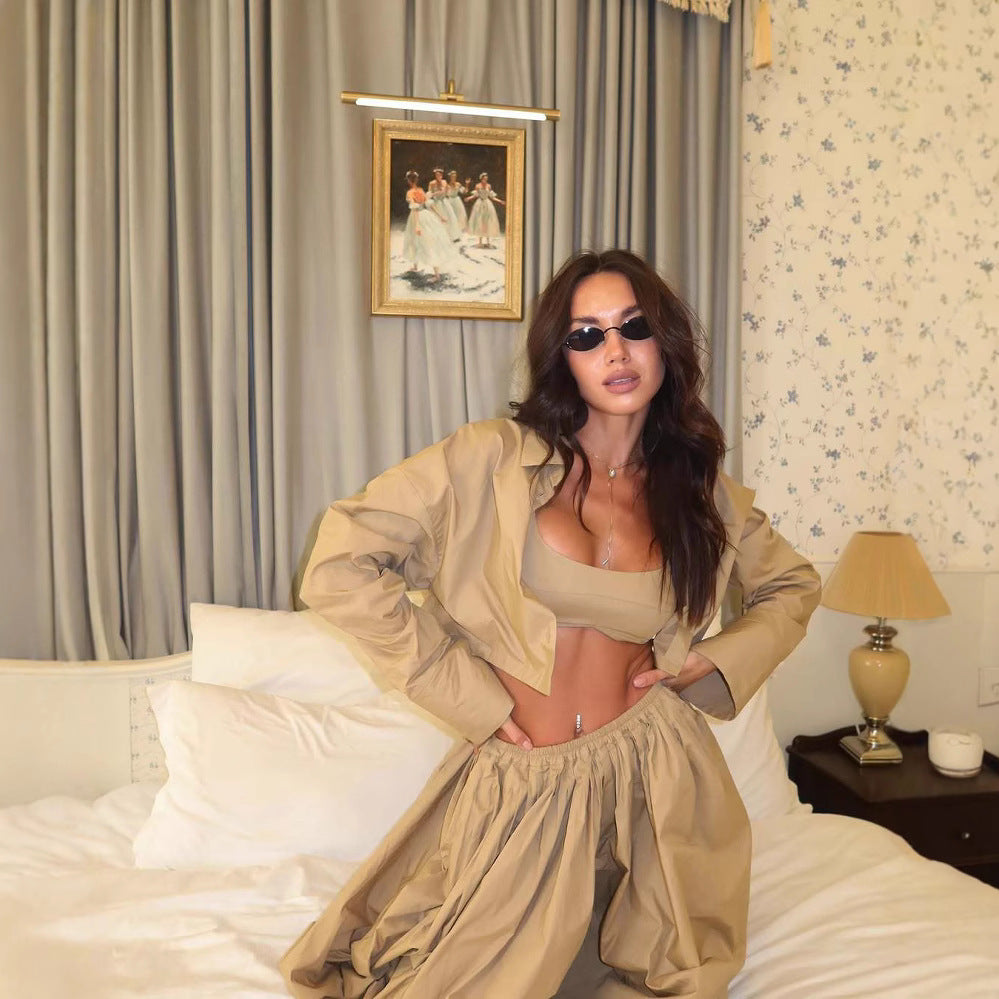 Loose Short Midriff Outfit Ankle-banded Knickerbockers Three-piece Set