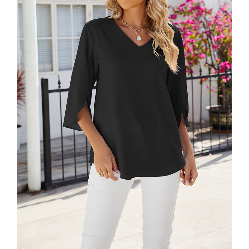 Women's Chiffon Blouses 3 4 Sleeve Summer Dressy Tunic Tops Casual Loose V Neck T-Shirts