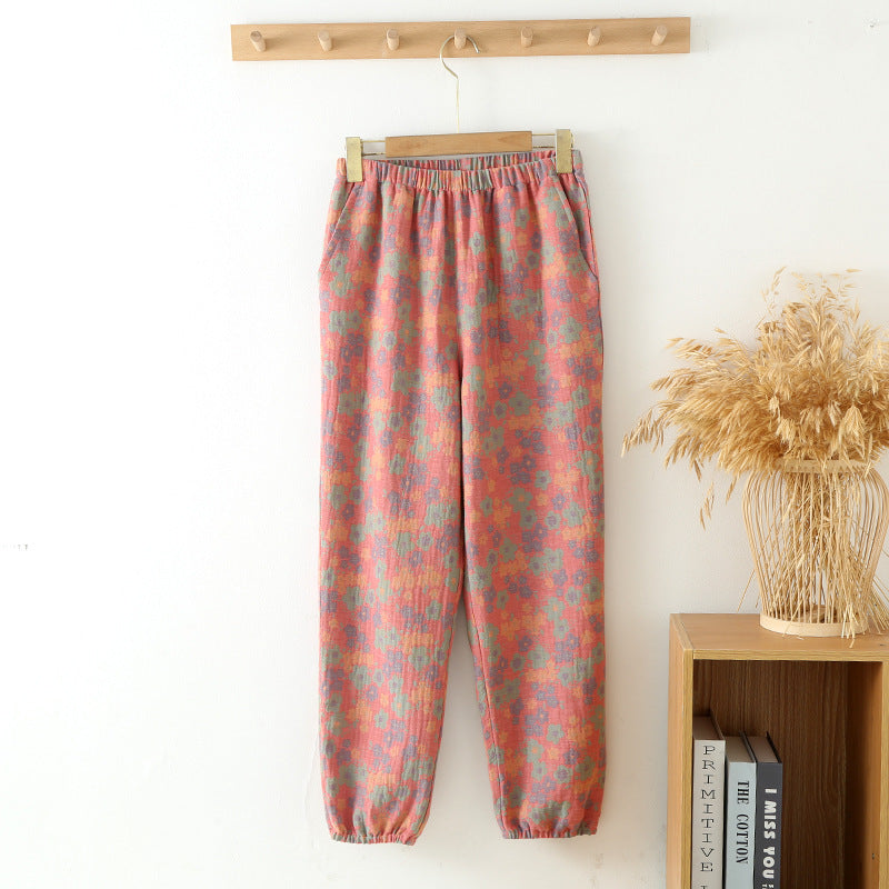 Spring And Autumn Yarn-dyed Pure Cotton Home Trousers For Women