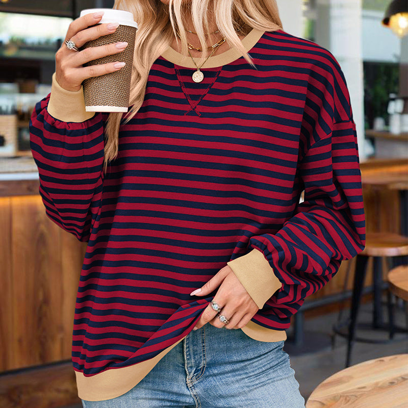 Women's Casual Crewneck Striped Long Sleeve Sweatshirt - Comfortable Loose Fit Ribbed Knit Top For Spring&Fall