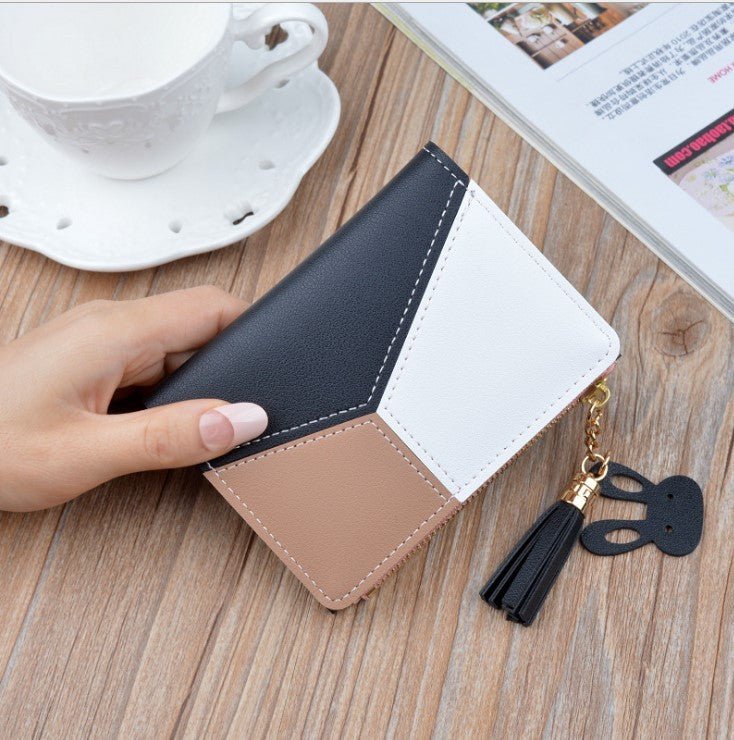 Stitching contrast color short wallet fringe zipper multi-card position purse