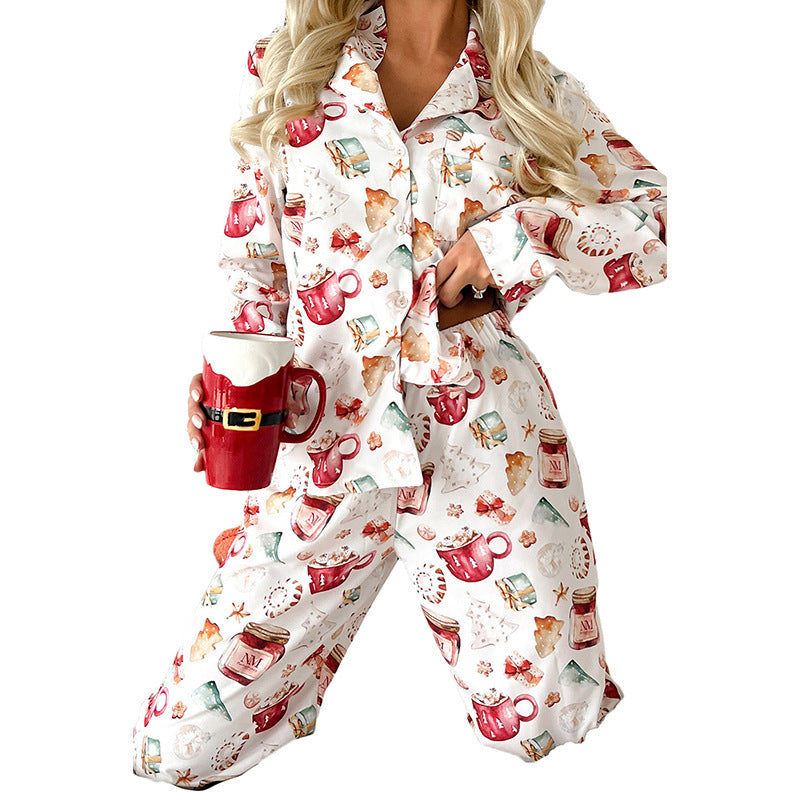 Lapel Long Sleeve Home Wear Women European Fashion Trend Christmas Print Casual Suit Women