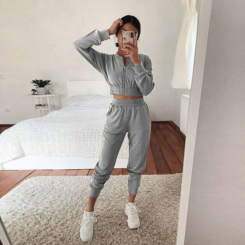 Women Long-Sleeved Zipper Casual Home Service Suit