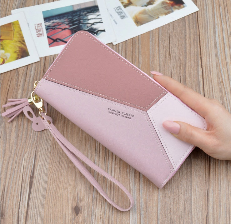 Stitching contrast color short wallet fringe zipper multi-card position purse
