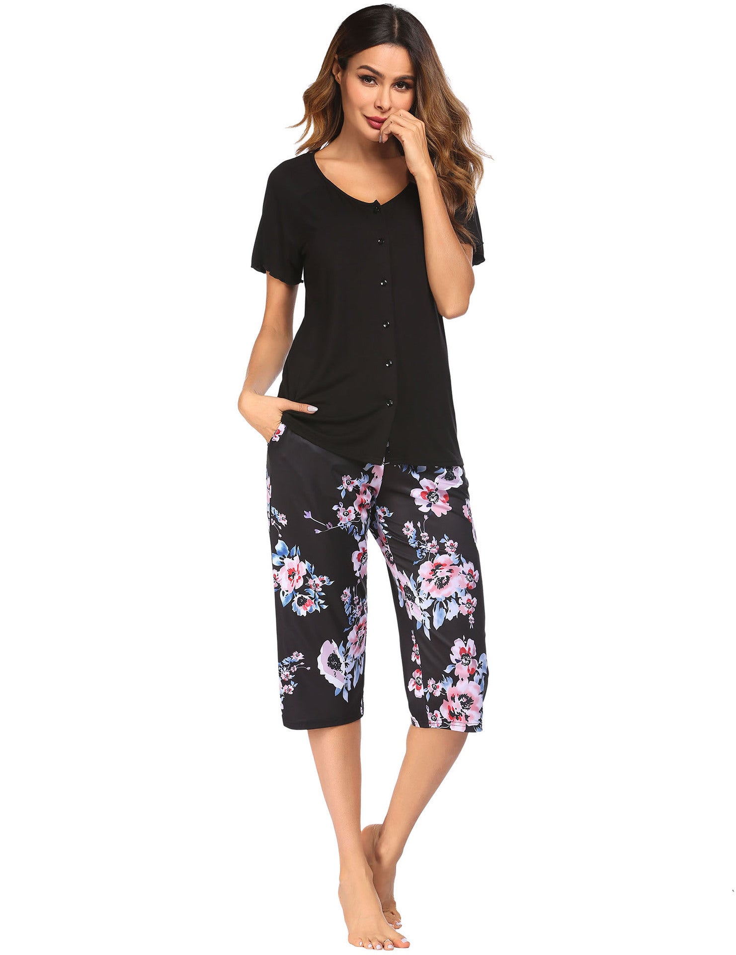Women Home Cotton-like Printed Short-sleeved Cropped Pants Women's Pajama Suit
