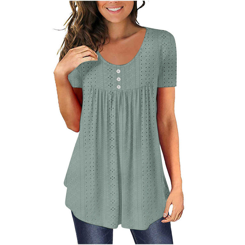 Summer New Round Neck Short Sleeve Top Loose Solid Color Hollow T-shirt