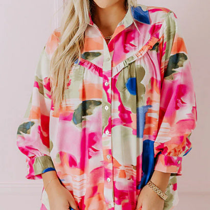 Rose Abstract Print Ruffled Puff Sleeve Shirt