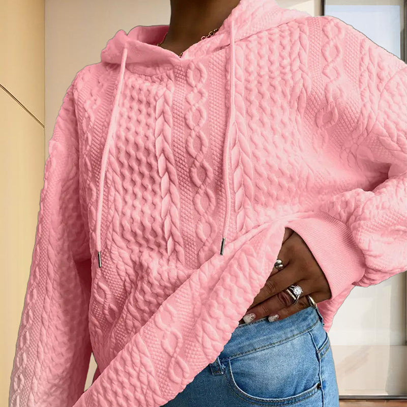 Women's Solid Color Ribbed Design Long Sleeve Hoodie - Loose Fit Drawstring Pullover For Fall & Winter Casual Wear
