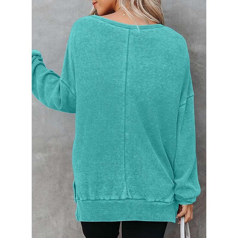 Womens Waffle Knit Crewneck Sweatshirts Long Sleeve Side Slits Casual Pullover Sweatshirt Tops