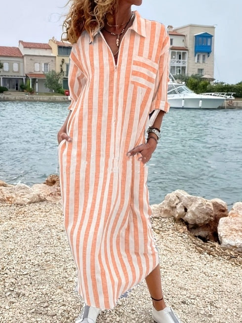Cotton And Linen Breathable Casual Loose Striped Women's Short-sleeved Shirt