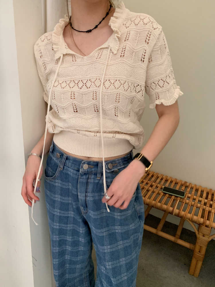 Hollow Stringy Selvedge Lace-up Knitted Top Women's T-shirt