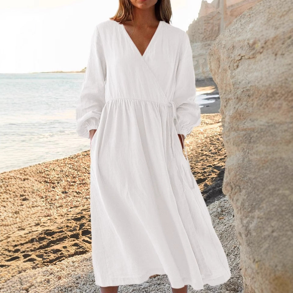 Solid Color Loose Cotton And Linen Dress
