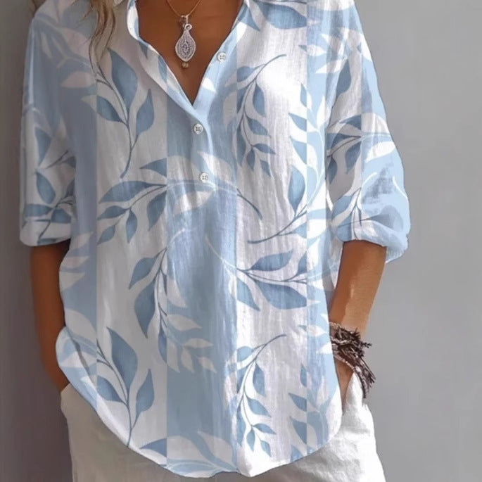 Fashion Printing Lapel Long Sleeve Shirt Top