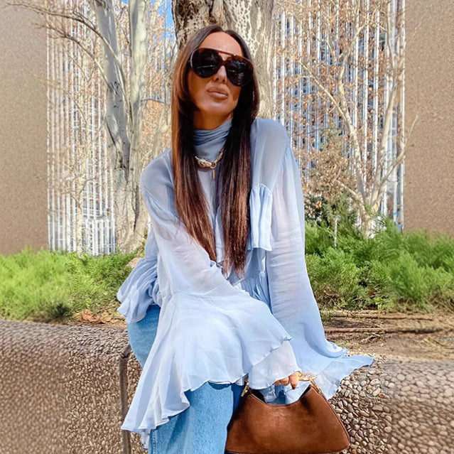 Blue Bell Sleeve Ruffle Blouse