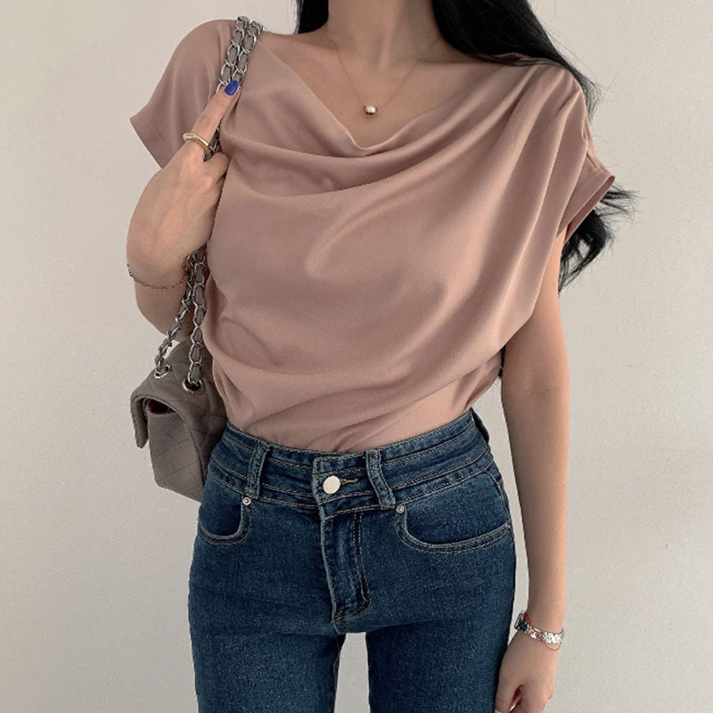 Off-shoulder Collar Design Loose Casual Short Sleeve Shirt Top