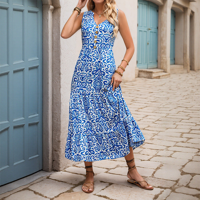 Mid-length Fashion Sleeveless V-neck Abstract Pattern Printed Dress