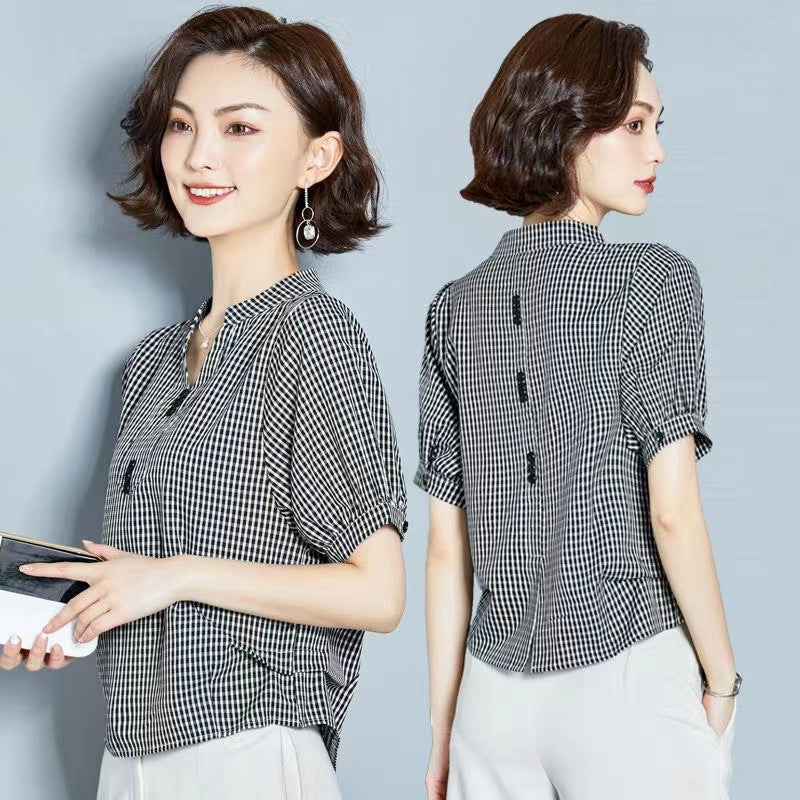 Women's Short-sleeved Plaid Chiffon Shirt Niche Design V-neck Belly-covering Coat