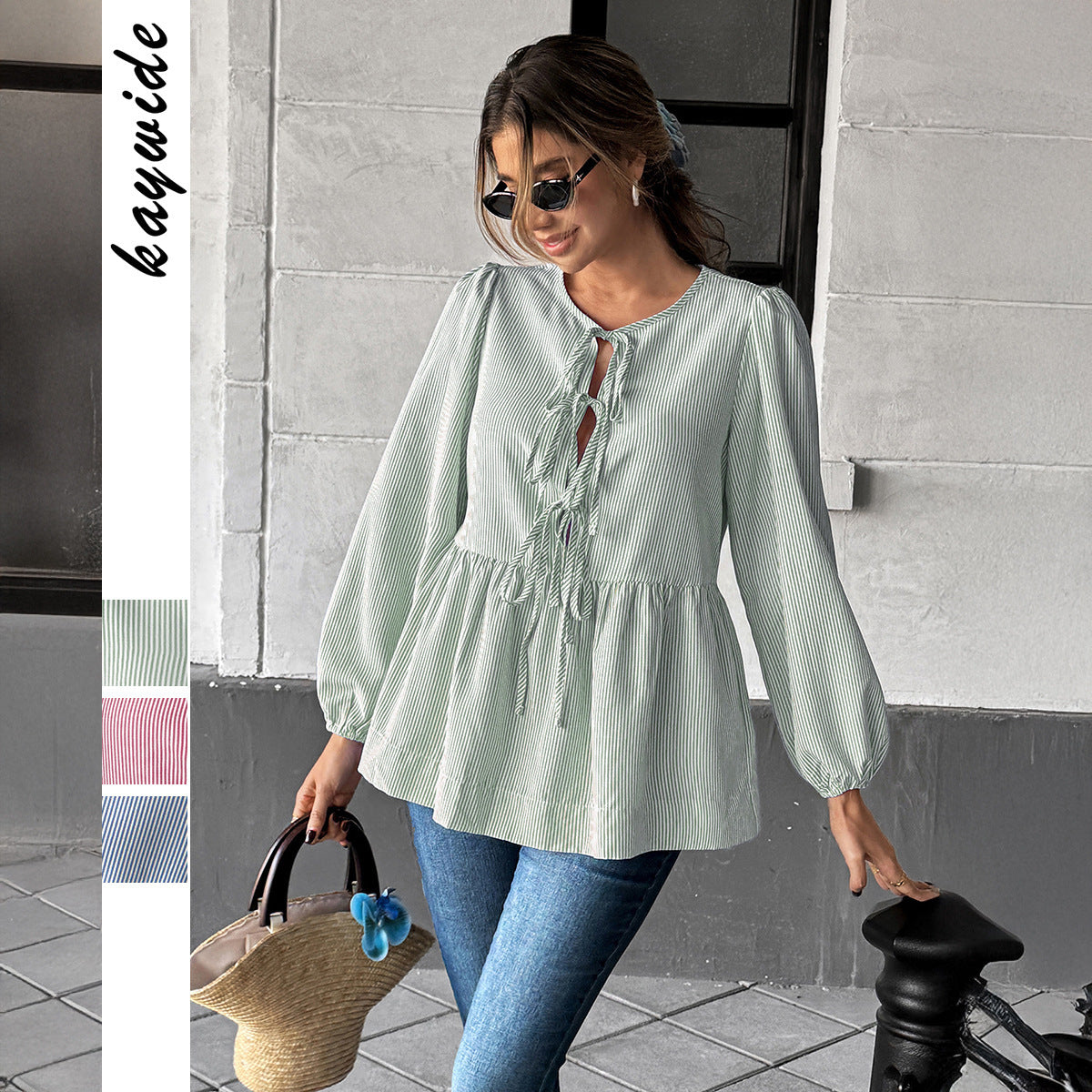 Elegant Striped Long Sleeve Tied T-shirt Shirt Women's Clothing