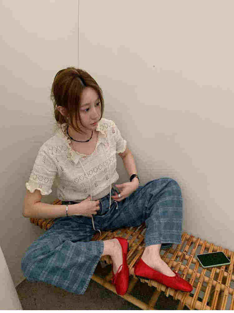Hollow Stringy Selvedge Lace-up Knitted Top Women's T-shirt