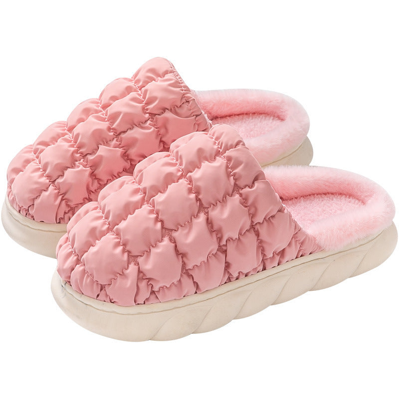 Plaid Bubble Home Slippers Winter Thick Sole Plush Shoes Women