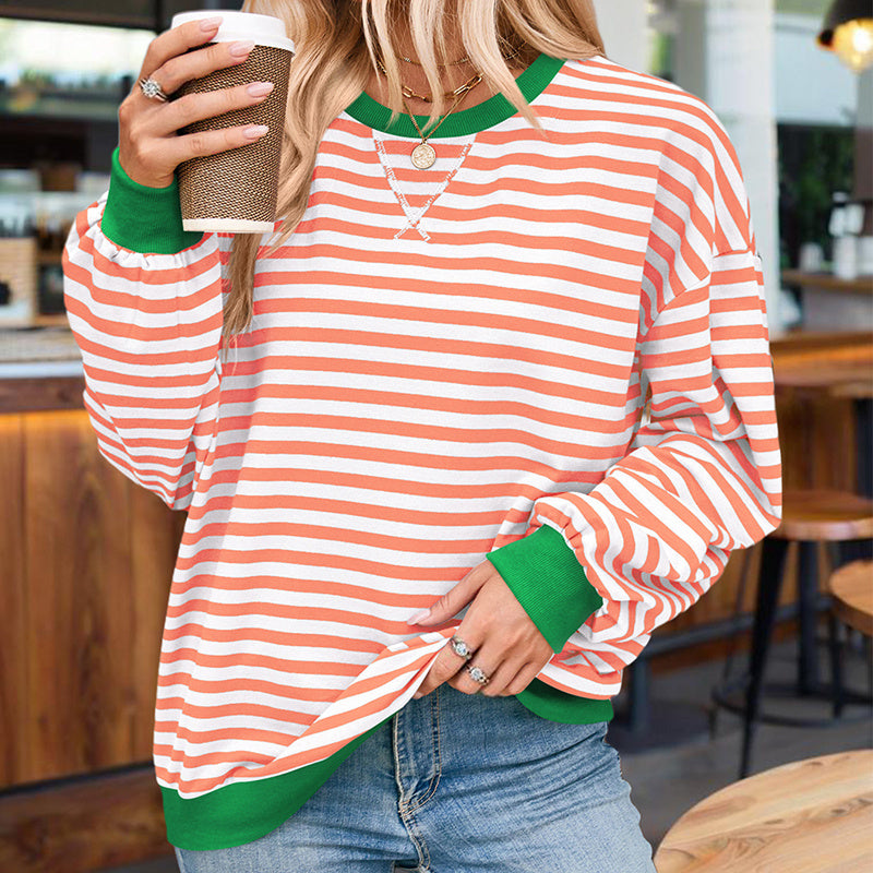 Women's Casual Crewneck Striped Long Sleeve Sweatshirt - Comfortable Loose Fit Ribbed Knit Top For Spring&Fall