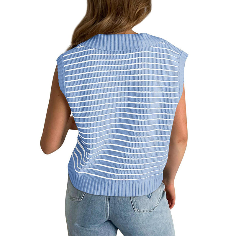 Women's V Neck Cap Sleeve Sweater Vest Sleeveless Collared Striped Knit Tank Tops