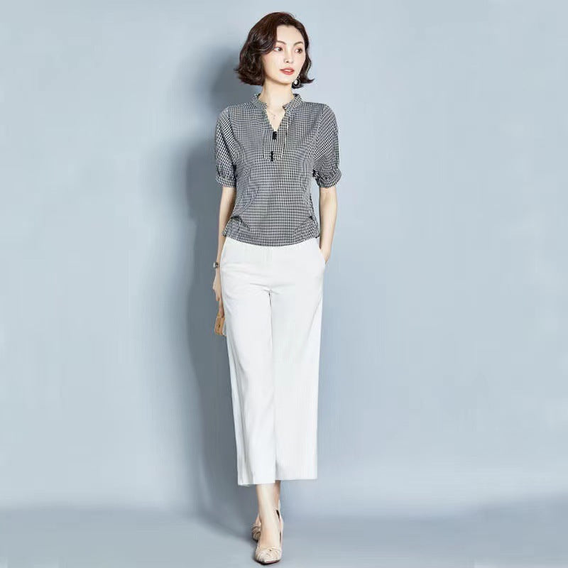 Women's Short-sleeved Plaid Chiffon Shirt Niche Design V-neck Belly-covering Coat