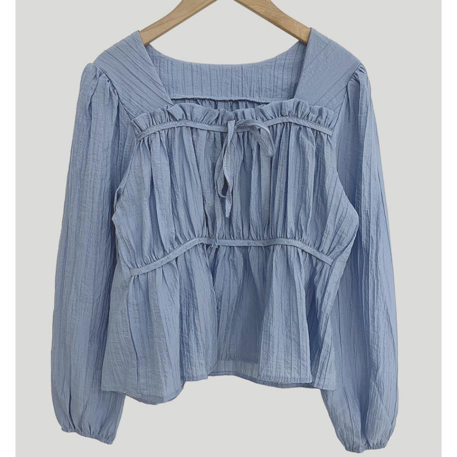 Retro Square Collar Lace Pleated Waisted Long-sleeved Shirt