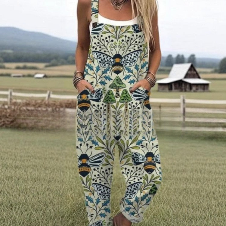 Digital Printing Button Casual Suspender Trousers