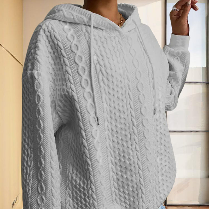 Women's Solid Color Ribbed Design Long Sleeve Hoodie - Loose Fit Drawstring Pullover For Fall & Winter Casual Wear