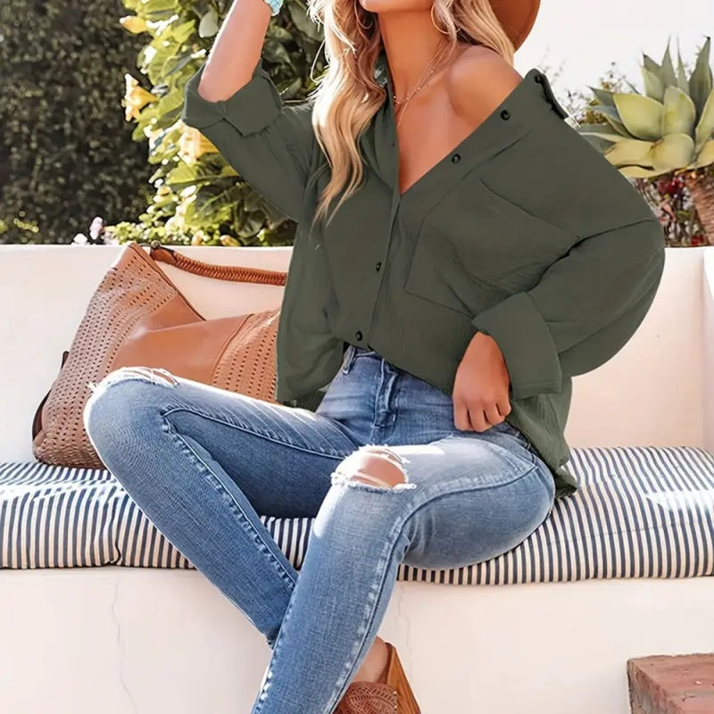 Women's Solid Color V-Neck Long Sleeve Blouse - Textured Button-Up Shirt, Casual & Minimalist Top For Spring&Fall