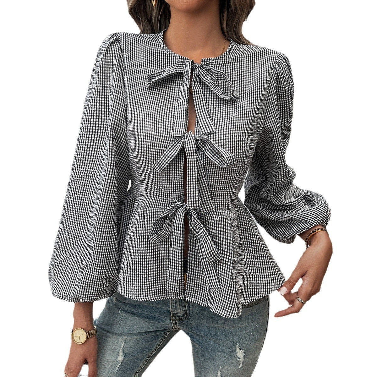 Elegant Design Contrast Color Tied Long Sleeves Shirt