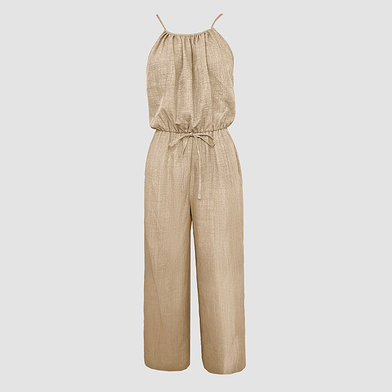 Women's Elegant Sleeveless Solid Color Jumpsuit - Wide Leg With Drawstring Waist, Shoulder-Baring Style For Spring&Summer