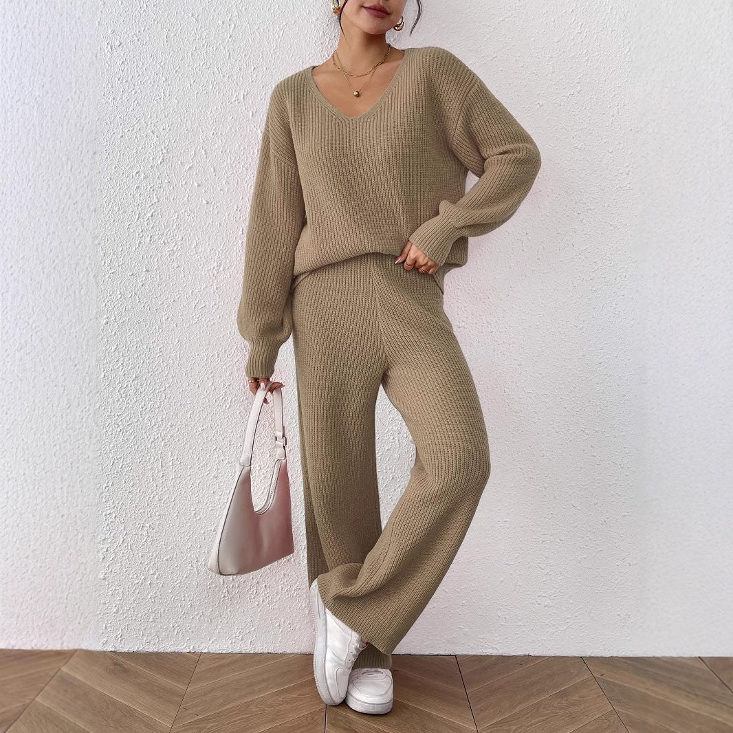 Women's Casual Suit V-neck Loose Top Solid Color Wide-leg Straight Pants