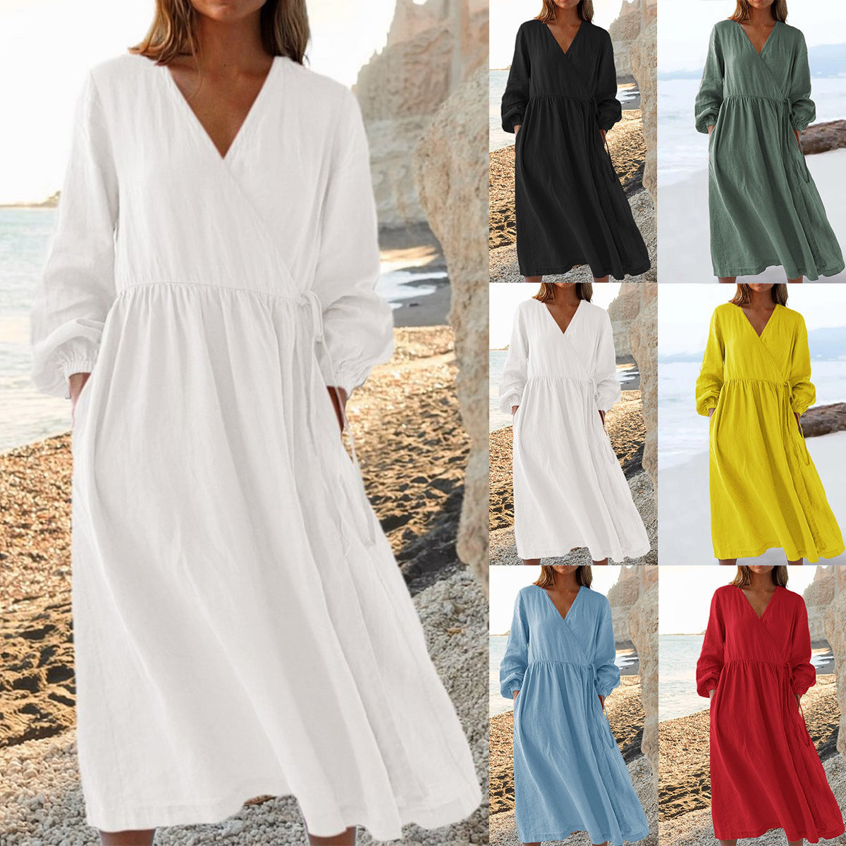 Solid Color Loose Cotton And Linen Dress