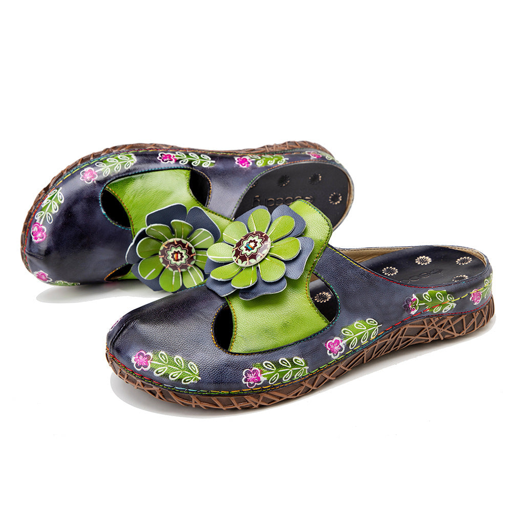 European And American Flat Bottom Flower Daily Home Leisure Half Slippers Women