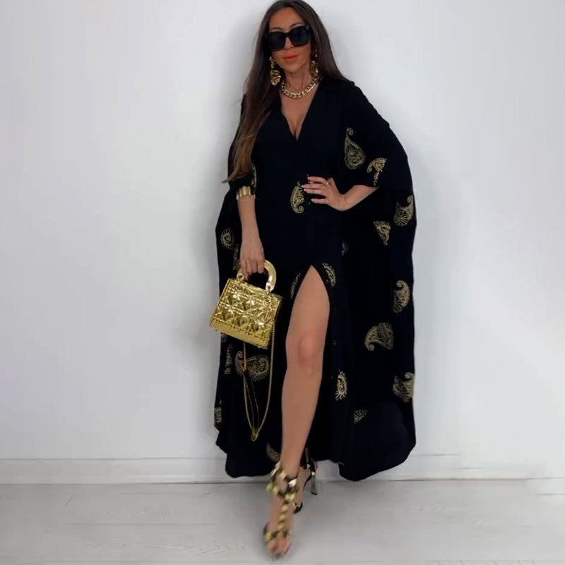 Personality V-neck Cardigan Robe Long Sleeve Dress