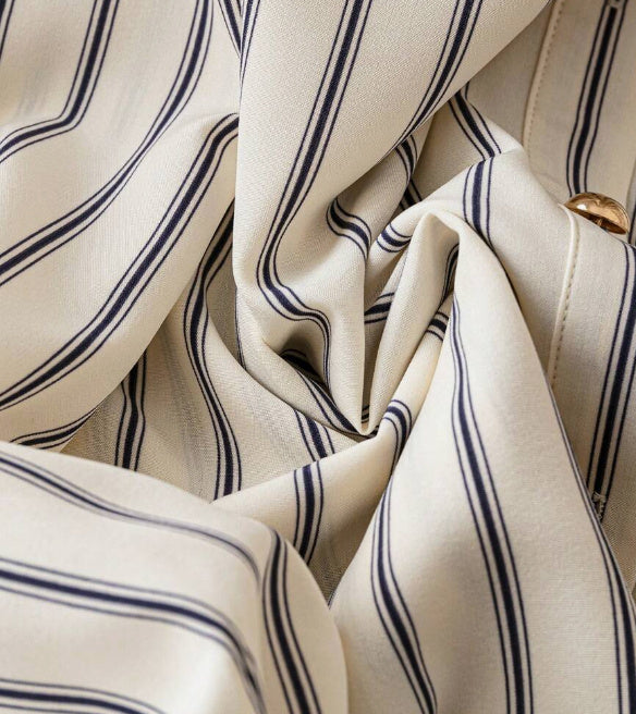 Women's French Striped Smoked Round Neck Bubble Sleeves