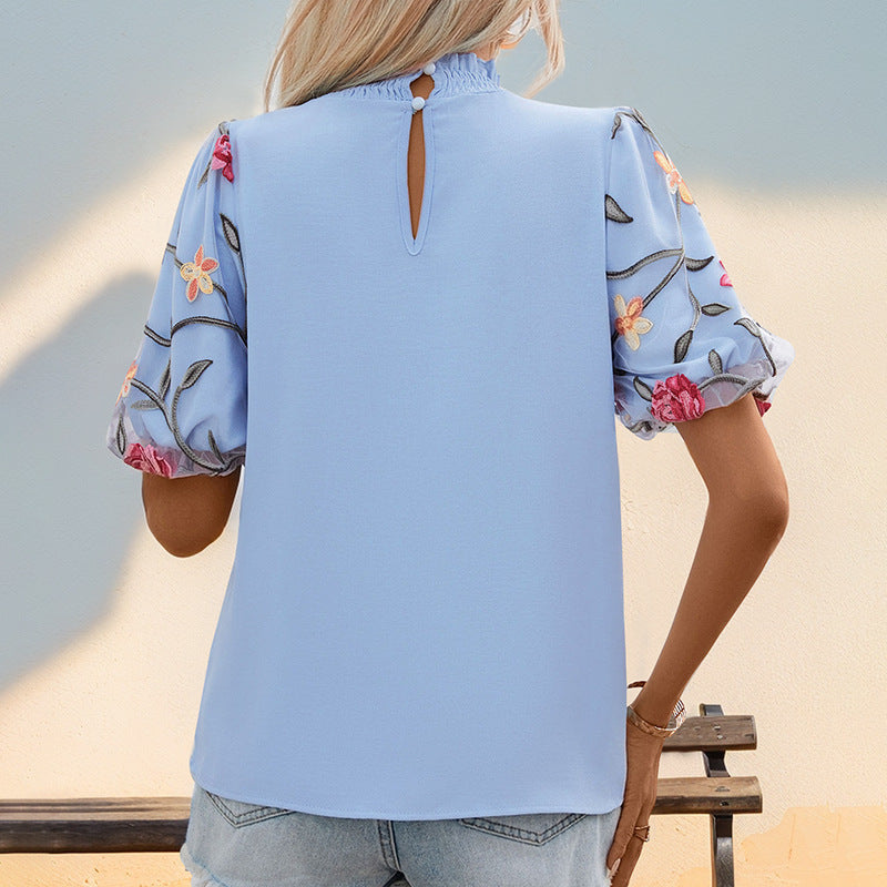 Embroidered Mesh Stitching Short-sleeved Shirt