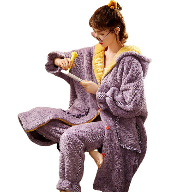 Plush Pajamas Women Thick Loose Suit Nightgown Hooded Flannel Coral Fleece Home Service