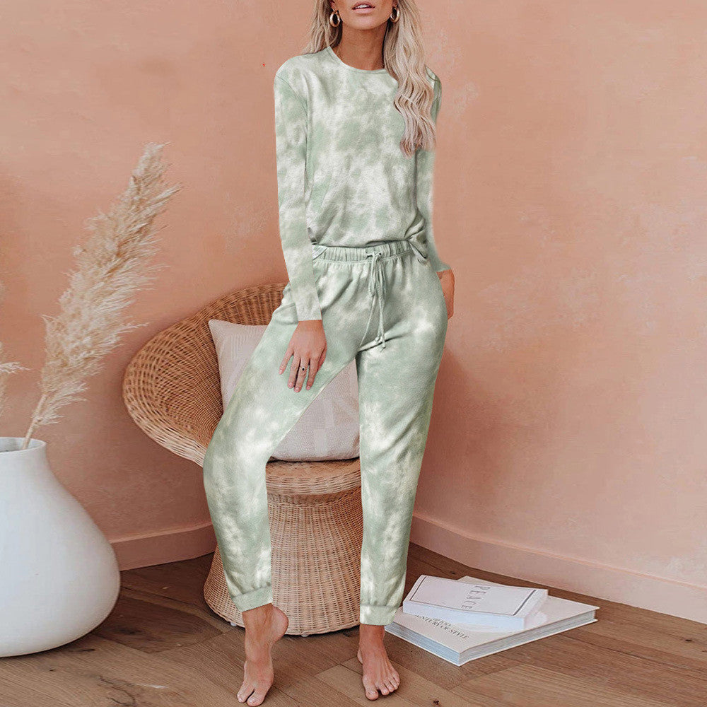 Home Suit Women New Tie-dye Printed Long-sleeved Trousers