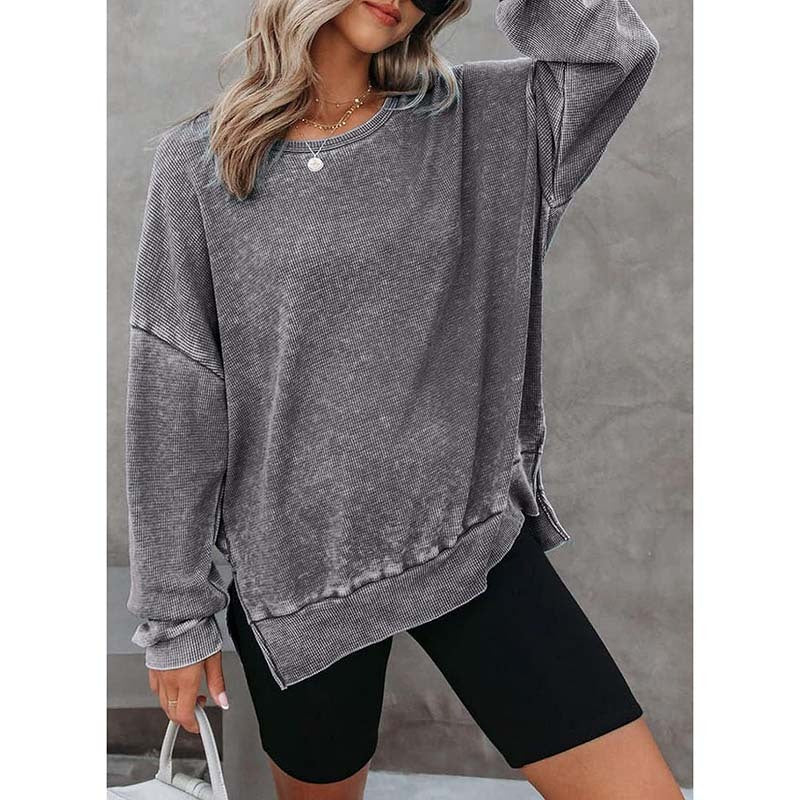 Womens Waffle Knit Crewneck Sweatshirts Long Sleeve Side Slits Casual Pullover Sweatshirt Tops