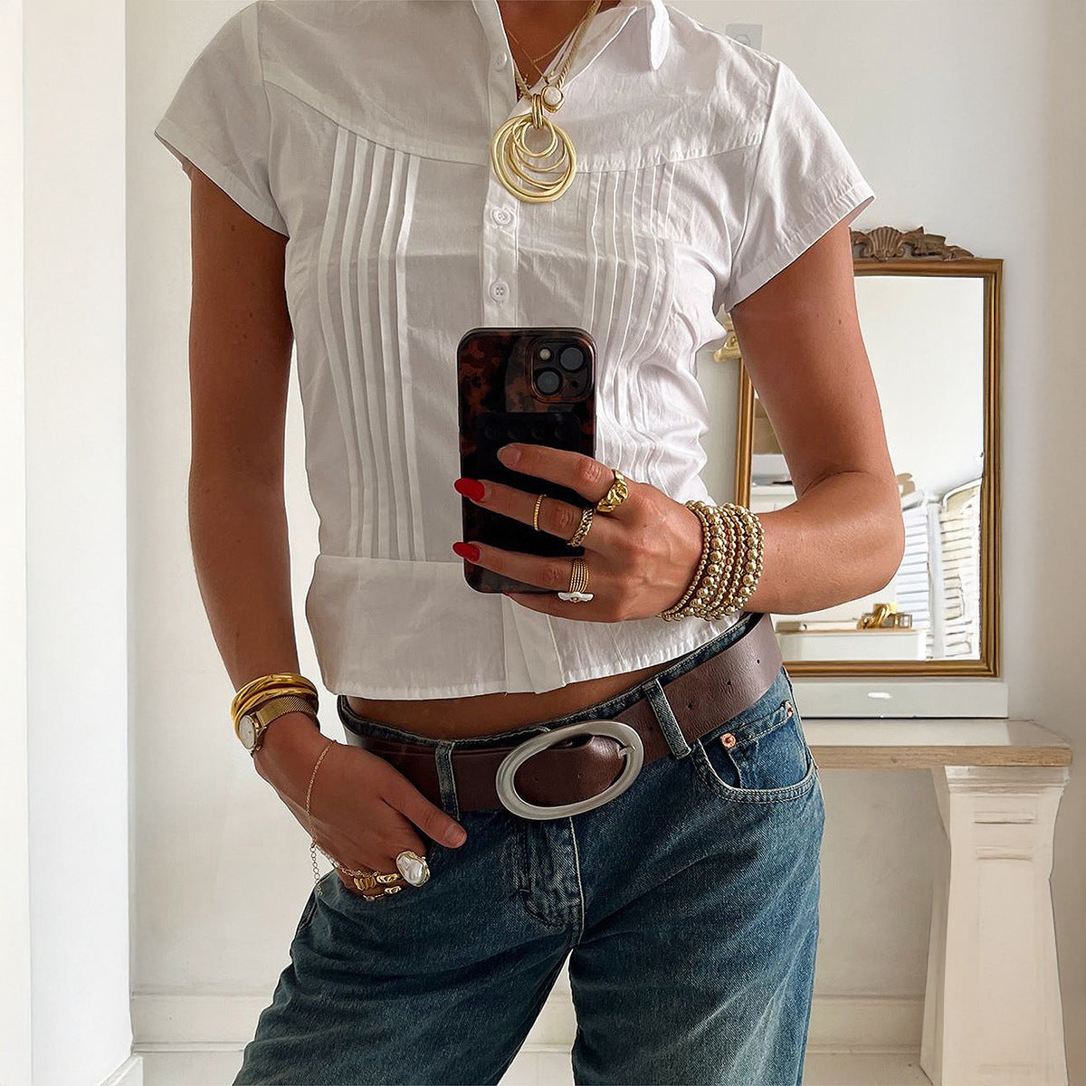 Casual Waist Tight Solid Color Short-sleeved Shirt Pleated Shirt Women's Clothing