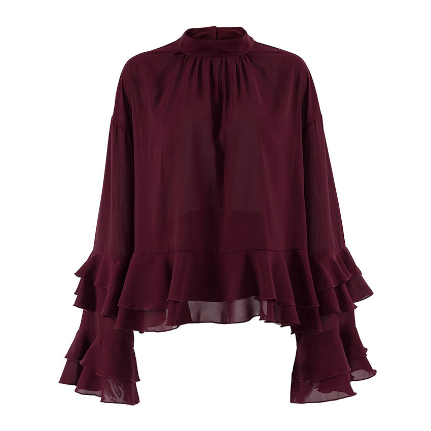 Brown Ruffled Chiffon Lace Stand Up Collar Shirt