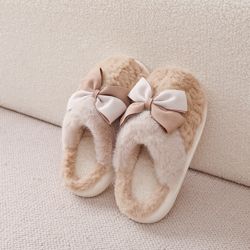 Cute Home Indoor Floor Plush Bow Cotton Slippers Women