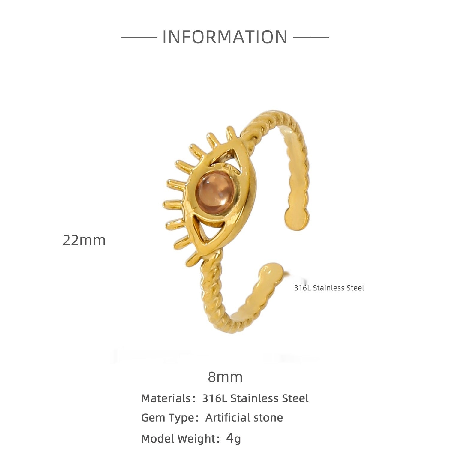 18K Gold Wisdom Eye Gemstone Inlaid Ring